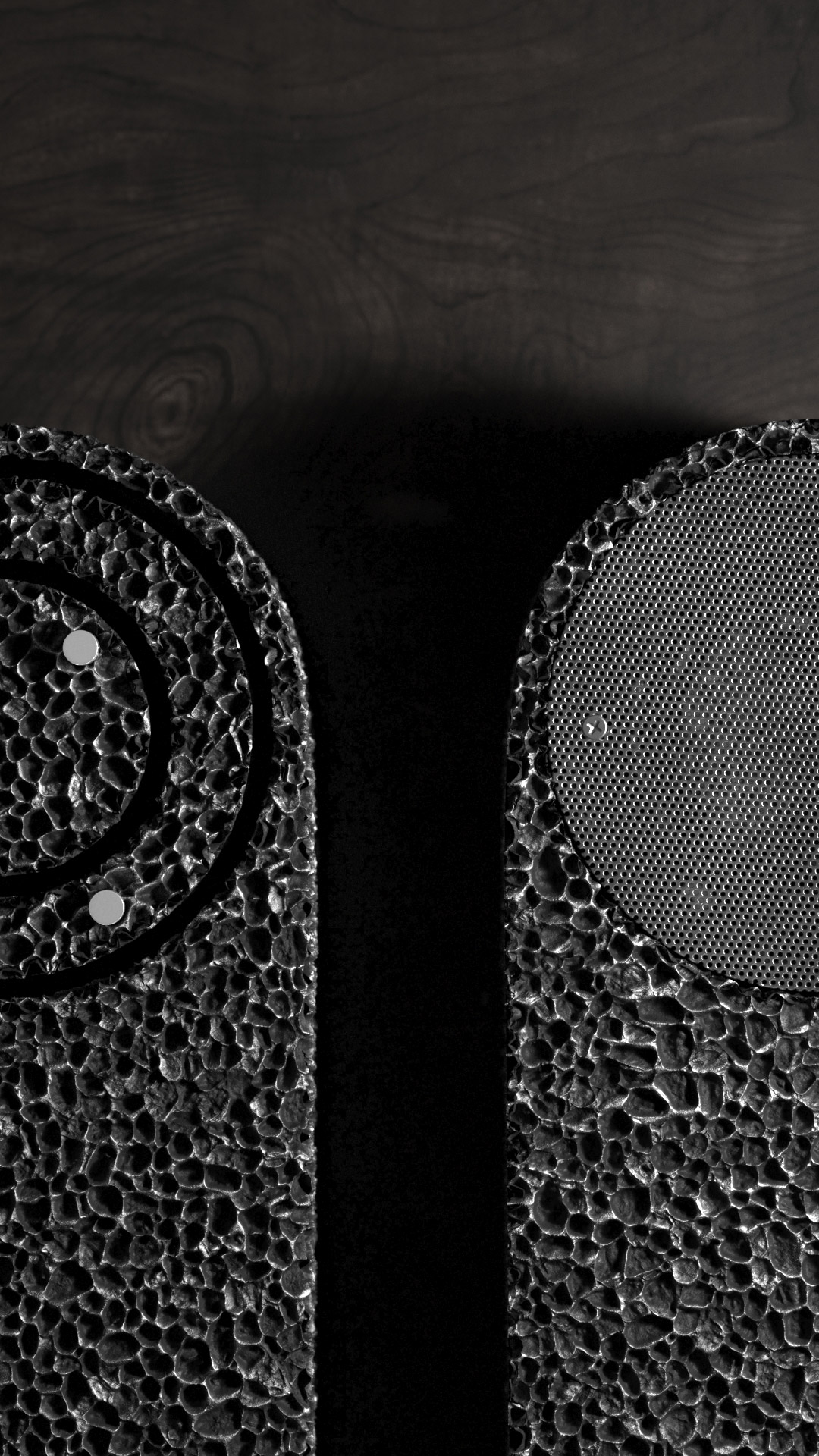 Closeup of front and back of From Foam to dust Table Clock on a wooden shelf.