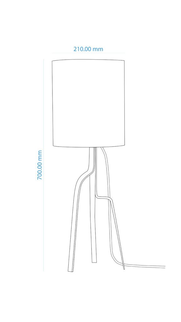 Line drawing of a lamp with a cylindrical shade and curved tripod base. Dimensions are labeled: width of the shade 210 mm, height of the lamp 700 mm.