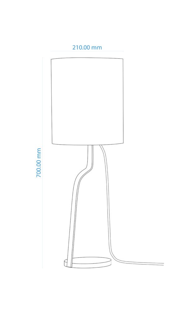 Line drawing of a table lamp with a cylindrical lampshade, curved stand, and circular base. Dimensions are labelled: height 700 mm, width of the lampshade 210 mm.