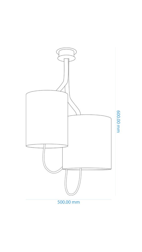 Line drawing of a steel chandelier with stone-effect cylindrical shades. Features twisted curved frame, circular ceiling rose, textile cables, and dimensions (600 mm height, 500 mm width).