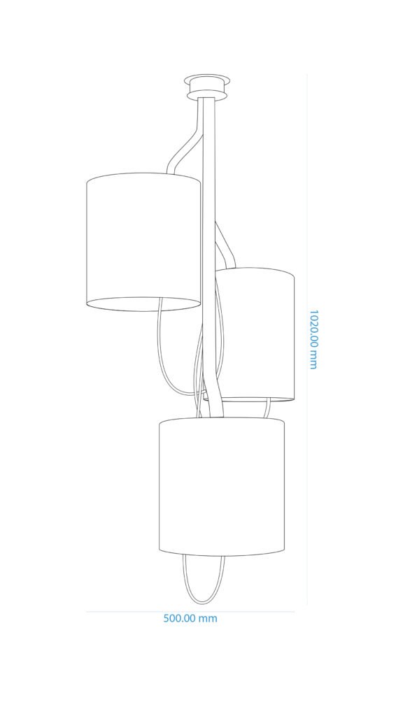 Technical drawing of a chandelier with three stone-effect cylindrical shades. Offset curved steel branches, textile cables, dimensions (1020 mm height, 500 mm width) for precise installation.
