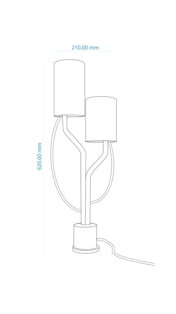 Line drawing of a modern table lamp with cylindrical shades on curved stems attached to a central base. Dimensions shown: height 620 mm, width 210 mm, offering clear fitting guidance.
