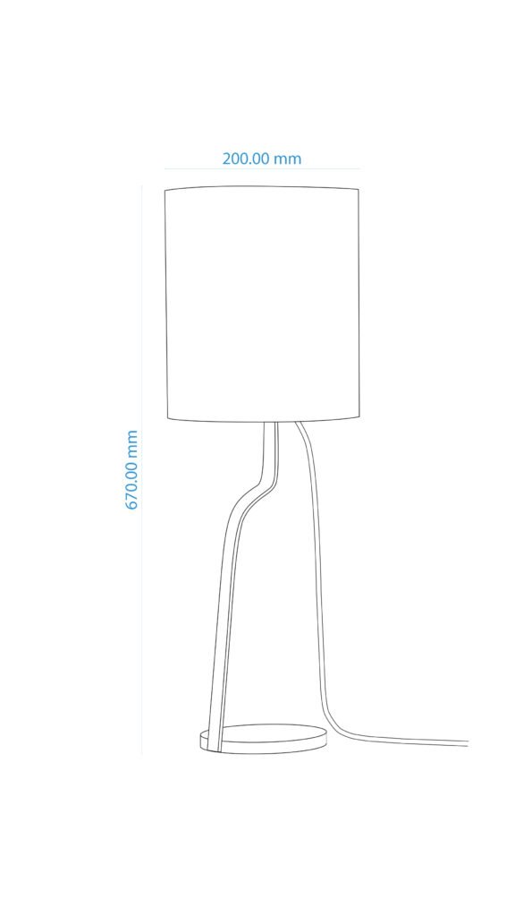 Line drawing of table lamp with cylindrical shade (200 mm diameter), total height of 670 mm. Features curved stand, circular base, and extending electrical cord, highlighting functional design.