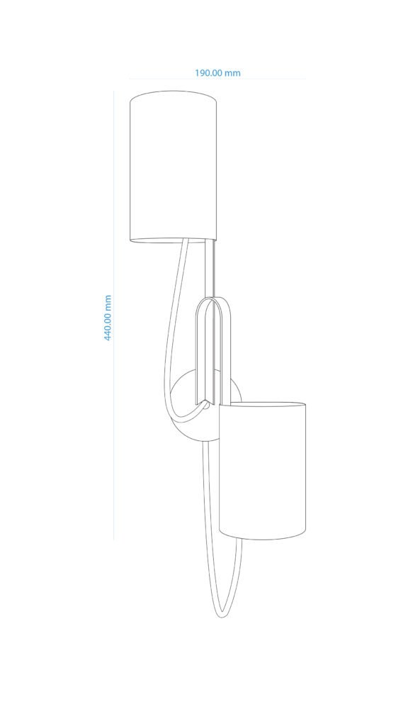 Technical drawing of a wall-mounted light fixture with two cylindrical lampshades. Dimensions (190 mm width, 440 mm height) offer precise details for design and installation purposes.