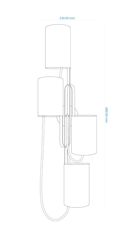 Technical drawing of a vertically arranged wall-mounted light with four textured stone-effect shades. Includes curved steel branches, textile cables, and dimensions (230 mm width, 680 mm height).