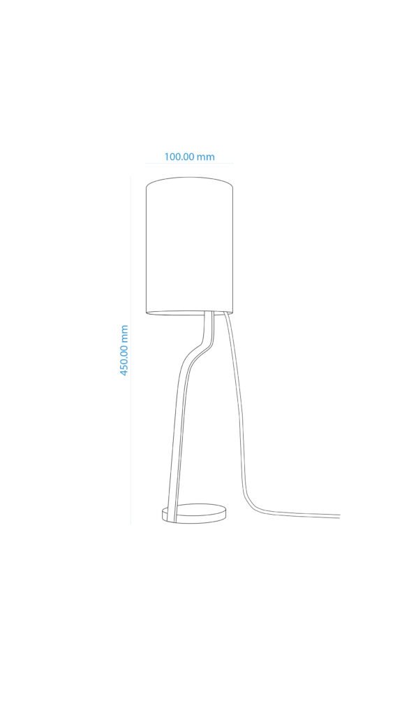 Technical drawing of a lamp with 100 mm cylindrical shade and 450 mm height. Features a curved stand, circular base, and extending power cord in a clean, modern design.