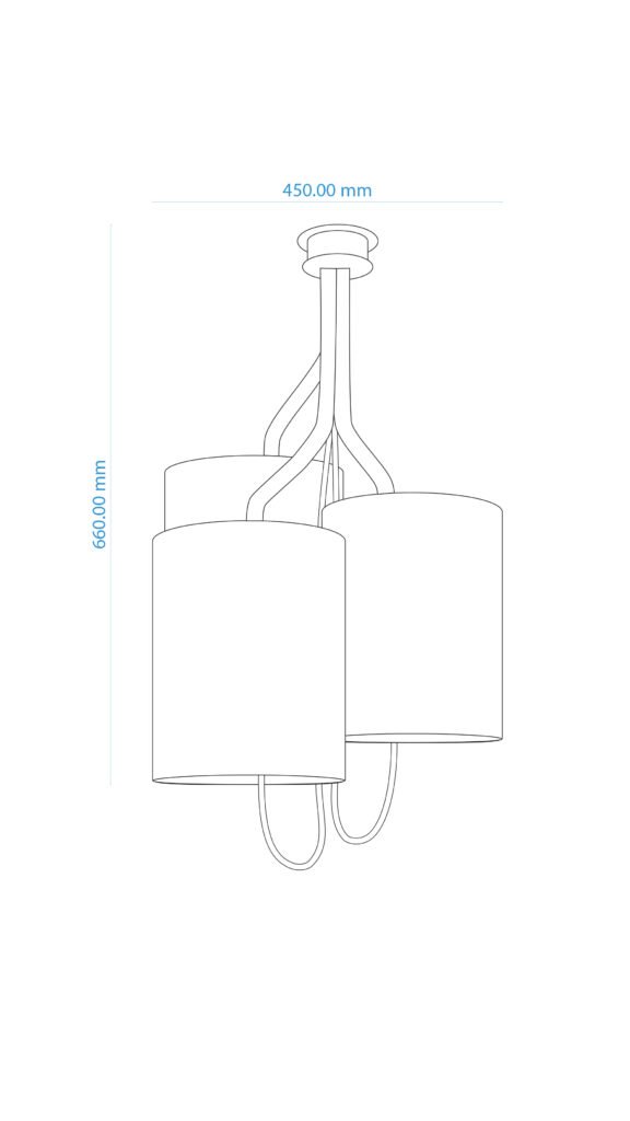 Technical line drawing of chandelier with three cylindrical lampshades on curved steel branches connected to a central frame. Dimensions: 450mm width, 660mm height, with steel ceiling rose and cables.
