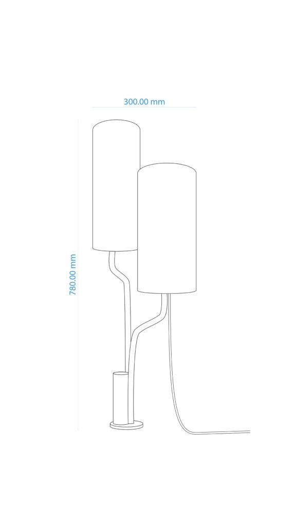 Line drawing of a dual-shade lamp with cylindrical mesh shades on curved steel arms. Taller shade height: 780 mm, width: 300 mm. Includes cylindrical base, fabric cord, and labeled dimensions.