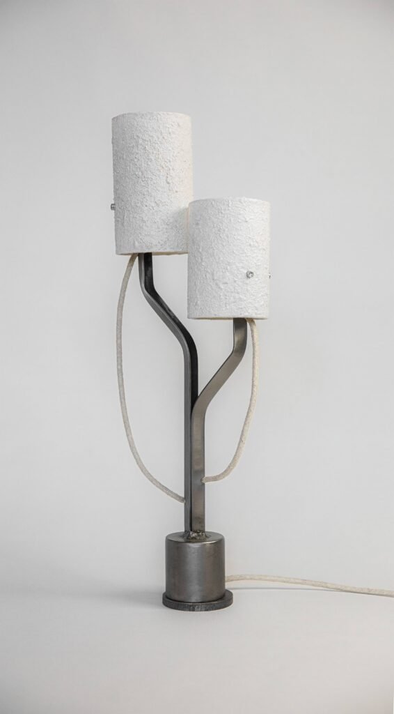 Modern lamp with textured stone-effect shades on a sleek frame. Curved branches extend from a cylindrical steel base, with textile cords wrapping around, blending style and function.