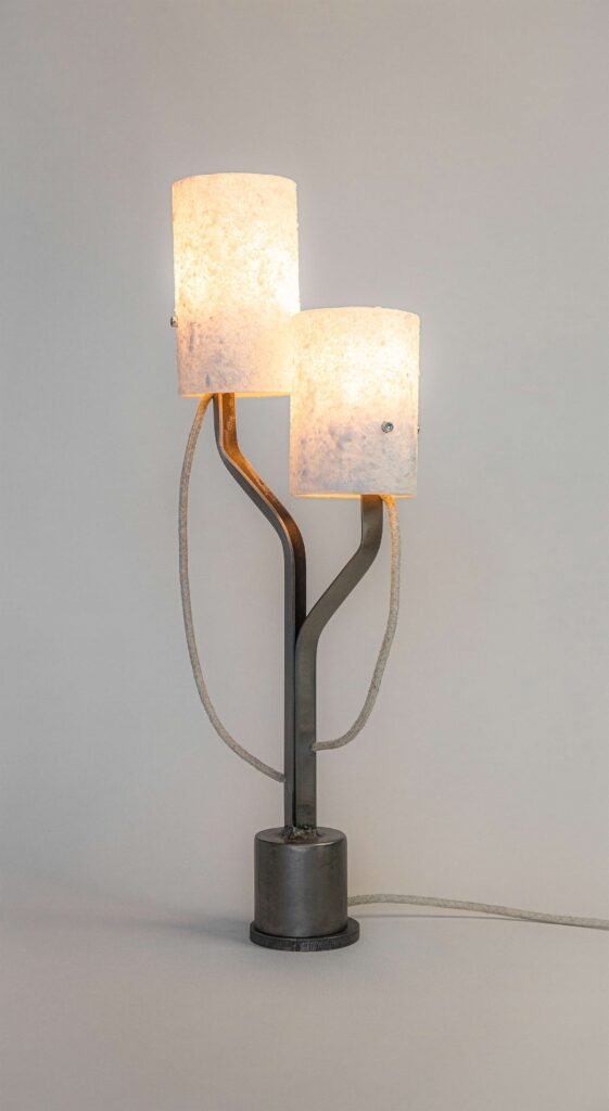 Table lamp with cylindrical stone-effect shades diffusing warm light. Curved steel arms rise from a sleek plinth base, with textile-covered cords blending functionality and style.