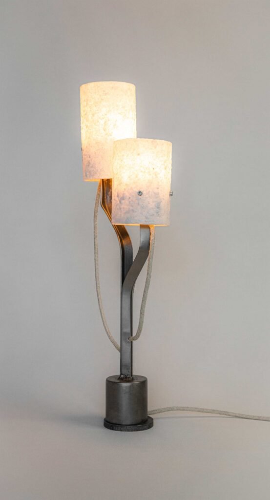 Modern table lamp with stone-effect shades on a curved steel stem. Shades diffuse warm light, while textile cords hang elegantly, blending functionality and style for chic interiors.