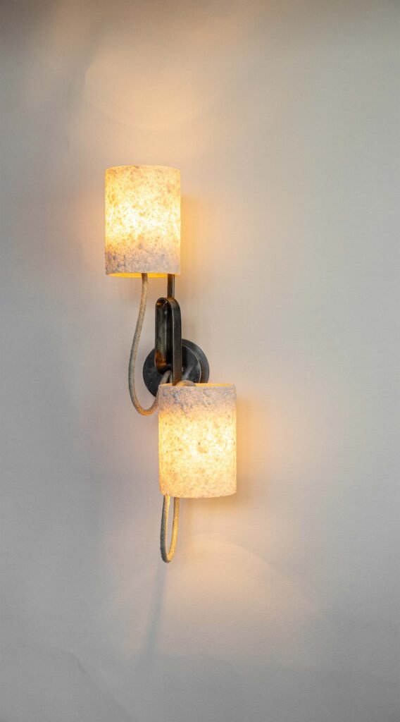 Wall-mounted light with two textured stone-effect shades on curved steel arms. Textile cords add industrial charm, while warm light highlights its modern, elegant design.