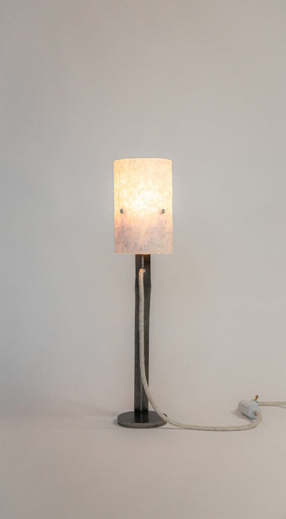 Contemporary table lamp with a curved metal stand, stone-effect cylindrical shade, fabric-covered cord with ceramic insulator. Combines industrial and organic design, emitting soft ambient light.