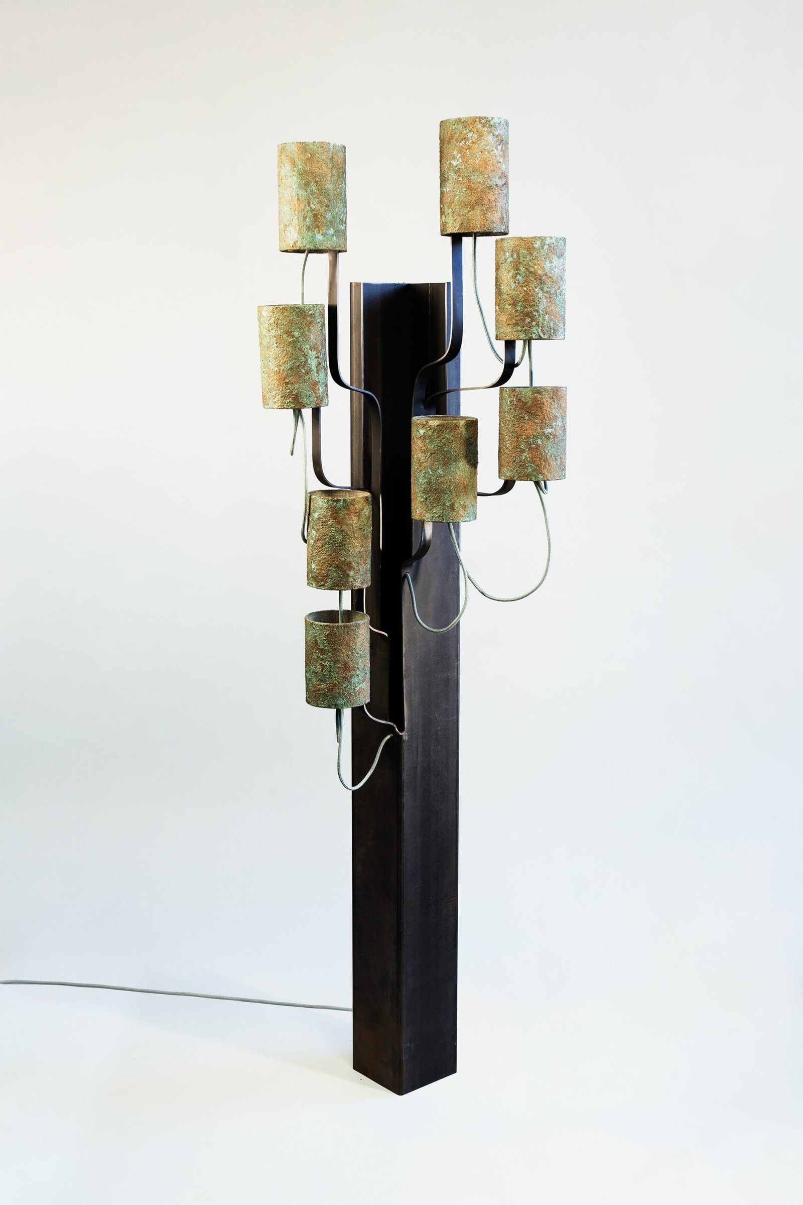 Standing floor lamp with branches like a tree and natural green lampshades