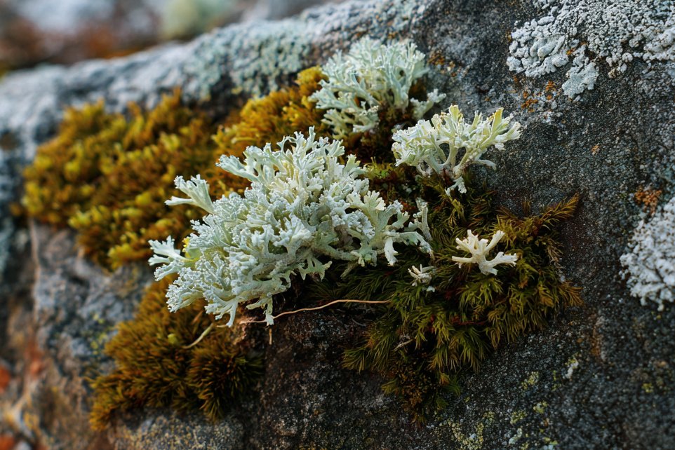 Closeup of lichen on a rock with green and brown colours